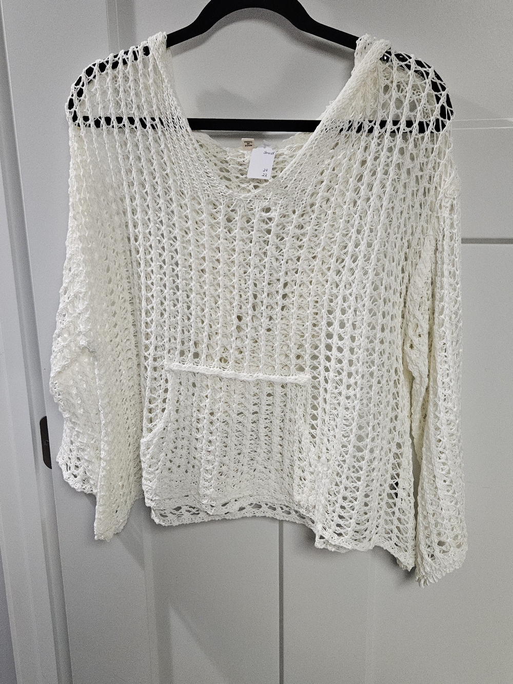 POL Cream Open-Knit Scoop Neck Sweater with Front Pocket